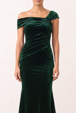 Dark Green Asymmetrical One Shouldr Velvet Mermaid Ruched Midi Holiday Dress