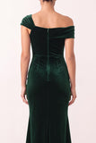 Dark Green Asymmetrical One Shouldr Velvet Mermaid Ruched Midi Holiday Dress