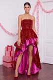 Sparkly Red A-Line Sequins High Low Tiered Ruffled Satin Strapless Holiday Party Dress