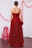 Sparkly Red A-Line Sequins High Low Tiered Ruffled Satin Strapless Holiday Party Dress