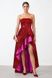 Sparkly Red A-Line Sequins High Low Tiered Ruffled Satin Strapless Holiday Party Dress
