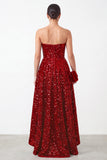 Sparkly Red A-Line Sequins High Low Tiered Ruffled Satin Strapless Holiday Party Dress