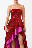 Sparkly Red A-Line Sequins High Low Tiered Ruffled Satin Strapless Holiday Party Dress