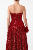 Sparkly Red A-Line Sequins High Low Tiered Ruffled Satin Strapless Holiday Party Dress