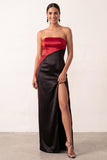 Black Red Sheath Satin Strapless Long Formal Dress with Slit
