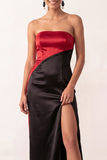 Black Red Sheath Satin Strapless Long Formal Dress with Slit