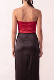 Black Red Sheath Satin Strapless Long Formal Dress with Slit