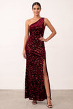 Sparkly Burgundy One Shoulder Sequins Velvet Sheath Long Holiday Party Dress with Slit