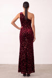 Sparkly Burgundy One Shoulder Sequins Velvet Sheath Long Holiday Party Dress with Slit