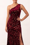 Sparkly Burgundy One Shoulder Sequins Velvet Sheath Long Holiday Party Dress with Slit