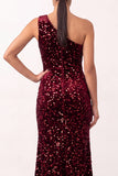 Sparkly Burgundy One Shoulder Sequins Velvet Sheath Long Holiday Party Dress with Slit