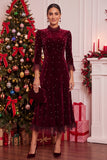 Burgundy Velvet High Ruffled Mock Neck A-Line Pearls Midi Christmas Holiday Party Dress with 3/4 Sleeves