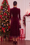 Burgundy Velvet High Ruffled Mock Neck A-Line Pearls Midi Christmas Holiday Party Dress with 3/4 Sleeves