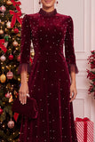 Burgundy Velvet High Ruffled Mock Neck A-Line Pearls Midi Christmas Holiday Party Dress with 3/4 Sleeves
