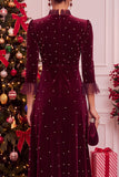 Burgundy Velvet High Ruffled Mock Neck A-Line Pearls Midi Christmas Holiday Party Dress with 3/4 Sleeves