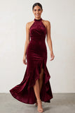 Burgundy Mermaid High Neck Velvet High Low Beaded Long Holiday Party Dress with Ruffled Slit