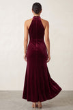 Burgundy Mermaid High Neck Velvet High Low Beaded Long Holiday Party Dress with Ruffled Slit