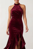 Burgundy Mermaid High Neck Velvet High Low Beaded Long Holiday Party Dress with Ruffled Slit