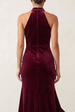 Burgundy Mermaid High Neck Velvet High Low Beaded Long Holiday Party Dress with Ruffled Slit