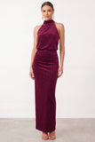 Burgundy Sheath Beaded High Neck Ruched Long Holiday Party Dress
