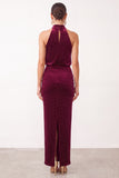 Burgundy Sheath Beaded High Neck Ruched Long Holiday Party Dress