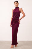 Burgundy Sheath Beaded High Neck Ruched Long Holiday Party Dress