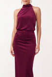 Burgundy Sheath Beaded High Neck Ruched Long Holiday Party Dress