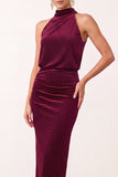 Burgundy Sheath Beaded High Neck Ruched Long Holiday Party Dress
