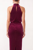 Burgundy Sheath Beaded High Neck Ruched Long Holiday Party Dress