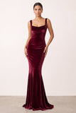 Burgundy Velvet Mermaid Square Neck Long Holiday Party Dress