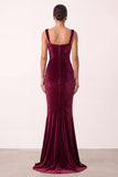 Burgundy Velvet Mermaid Square Neck Long Holiday Party Dress