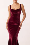 Burgundy Velvet Mermaid Square Neck Long Holiday Party Dress
