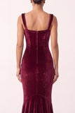 Burgundy Velvet Mermaid Square Neck Long Holiday Party Dress