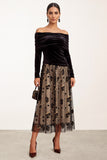 Off the Shoulder Black Champagne Velvet A-Line Ruched Tulle Long Sleeves Midi Wedding Guest Dress