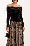 Off the Shoulder Black Champagne Velvet A-Line Ruched Tulle Long Sleeves Midi Wedding Guest Dress