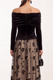Off the Shoulder Black Champagne Velvet A-Line Ruched Tulle Long Sleeves Midi Wedding Guest Dress