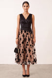 Black Champagne A-Line Satin Floral V-Neck Tulle Midi Wedding Guest Dress