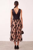 Black Champagne A-Line Satin Floral V-Neck Tulle Midi Wedding Guest Dress