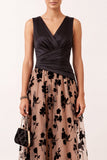 Black Champagne A-Line Satin Floral V-Neck Tulle Midi Wedding Guest Dress