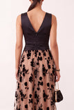 Black Champagne A-Line Satin Floral V-Neck Tulle Midi Wedding Guest Dress