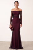 Off the Shoulder Red Mermaid Sheer Mesh Long Sleeves Long Formal Dress