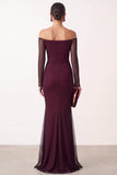 Off the Shoulder Red Mermaid Sheer Mesh Long Sleeves Long Formal Dress