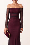 Off the Shoulder Red Mermaid Sheer Mesh Long Sleeves Long Formal Dress