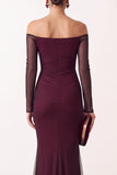 Off the Shoulder Red Mermaid Sheer Mesh Long Sleeves Long Formal Dress
