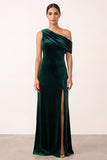 Dark Green Asymmetrical One Shoulder Sheath Velvet Long Formal Dress with Slit
