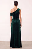 Dark Green Asymmetrical One Shoulder Sheath Velvet Long Formal Dress with Slit