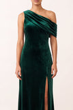 Dark Green Asymmetrical One Shoulder Sheath Velvet Long Formal Dress with Slit