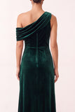 Dark Green Asymmetrical One Shoulder Sheath Velvet Long Formal Dress with Slit