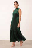 Dark Green A-Line Velvet High Neck Ruffled Midi Holiday Party Dress with Beading