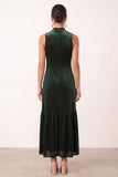 Dark Green A-Line Velvet High Neck Ruffled Midi Holiday Party Dress with Beading